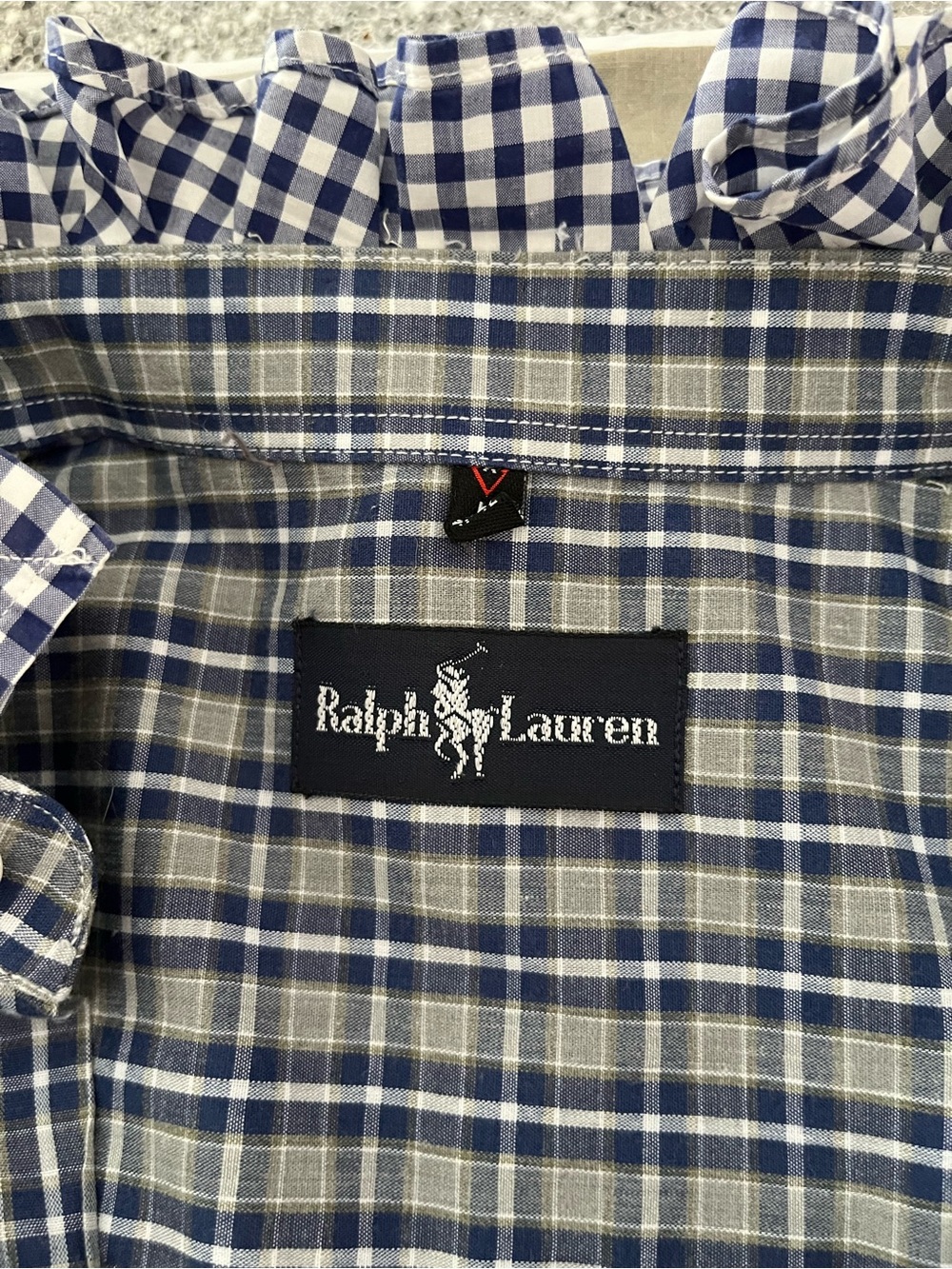Refashioned faux Ralph Lauren Navy and Gray Checked Button-Down Ruffle collar - Picture 6 of 7